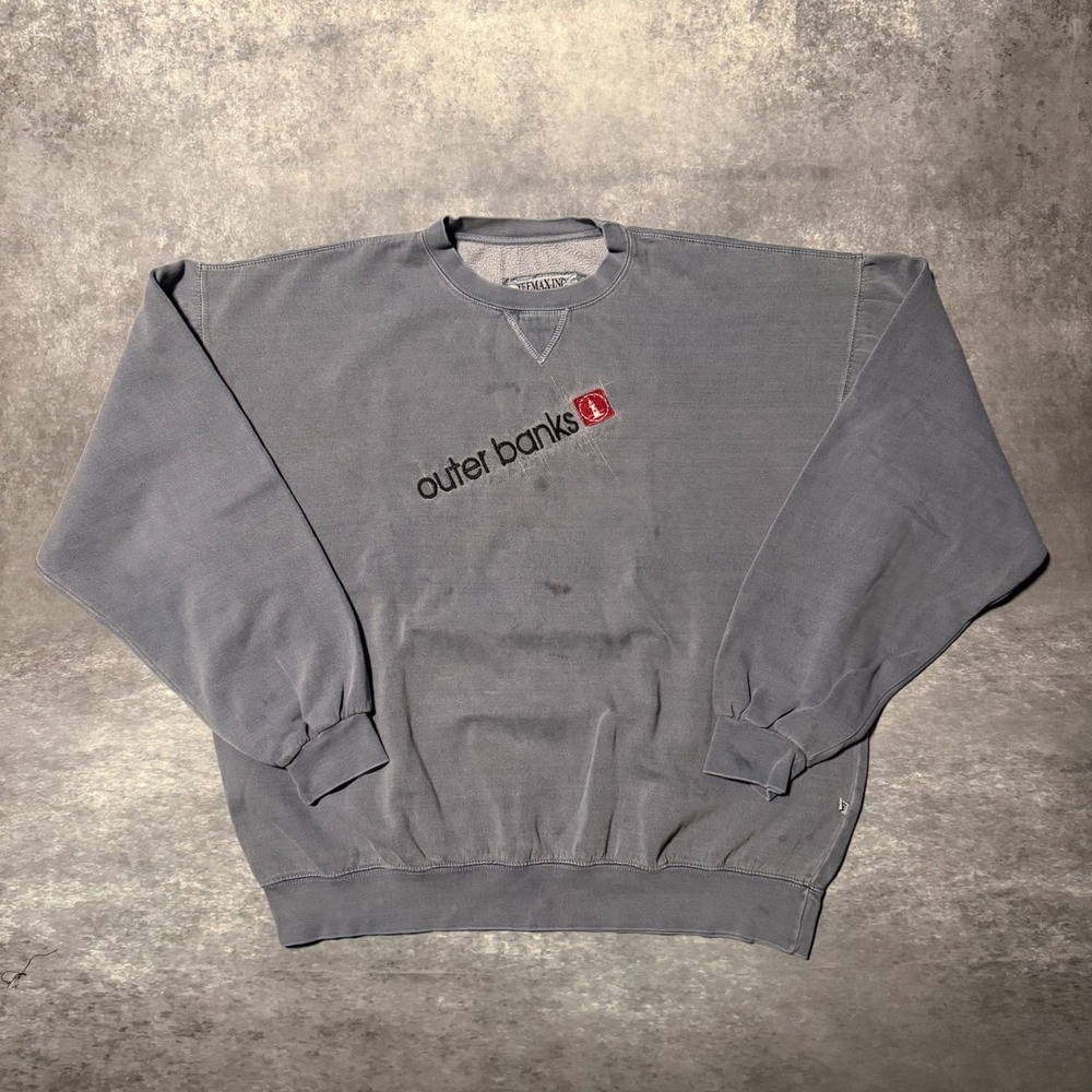 VTG 90s Outer Banks Sweatshirt XXL Faded Blue Gray Embroidered Crewneck Teemax